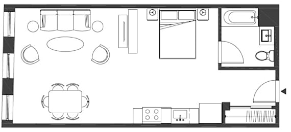 A floor plan of a house with a kitchen, living room, dining room, and bathroom.