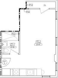 A floor plan of a living unit with a bathroom and a kitchen.