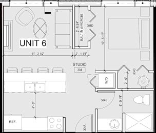 A floor plan of a unit with a living room, kitchen, and bathroom.
