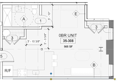 A floor plan of a 35-308 square foot unit with a kitchen, living room, and bathroom.