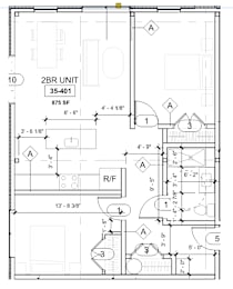 A floor plan of a 2BR unit measuring 35-401 square feet with dimensions and room labels.