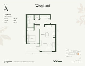 1  Bed   1  Bath   592 Sq. Ft. Floor Plan A at Woodland Place Apartments, Langford, BC, L4H 3P6
