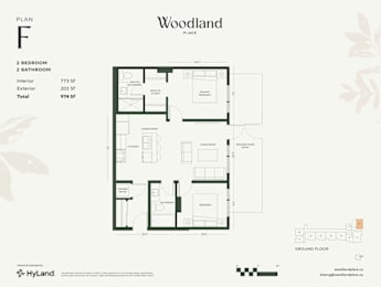 A floor plan for a Woodland Place by HyLand shows a 2 bedroom, 2 bathroom layout with a total area of 974 square feet.