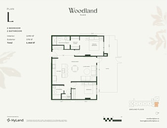 A floor plan for a Woodland Place residence with two bedrooms and two bathrooms.