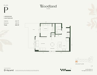 1  Bed   1  Bath   660 Sq. Ft. Floor Plan P at Woodland Place Apartments, British Columbia