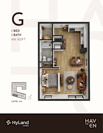 1  Bed   1  Bath   604-to605 Sq. Ft. G Type Floor Plan at Haven, Vancouver, BC V6T 1Z3