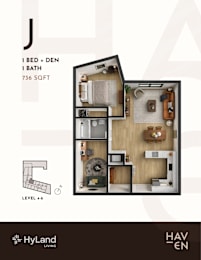1  Bed   1  Bath   733-to737 Sq. Ft. J Type Floor Plan at Haven, Vancouver, BC V6T 1Z3