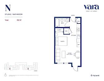 A floor plan for a 392 square foot studio with one bathroom.