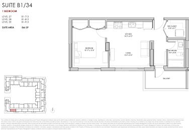 A floor plan for a suite with a bedroom, living room, and kitchen.