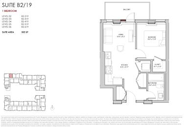 A floor plan for a suite with a bedroom, living room, and kitchen.