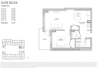 A floor plan for a suite with a bedroom, living room, and balcony.