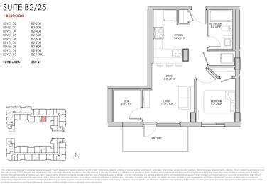 A floor plan for a suite with a bedroom, living room, and den.