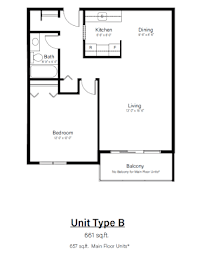 A drawing of a floor plan for a Unit Type B, which is 661 sq.ft. and has a living area of 130 x 130.
