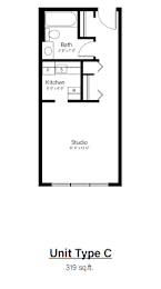 A drawing of a floor plan for a 319 sq.ft. apartment with a bath, kitchen, and studio space.