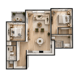 A detailed 3D floor plan of a house layout.