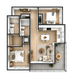 A top-down view of a modern apartment layout with a living room, kitchen, and two bedrooms.