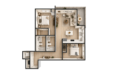 A detailed 3D floor plan of a house showing all rooms and their layout.