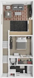 A floor plan of a small apartment with a kitchen, living room, and bedroom.