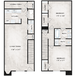 A floor plan of a house with a living room, dining room, kitchen, and two bedrooms.