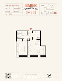 A floor plan for Baker Chocolate Factory apartment 221 at 1220 Adams Street.