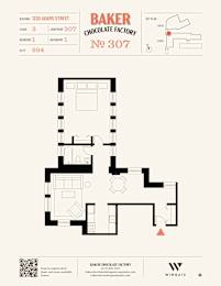 A floor plan for Baker Chocolate Factory shows a building with 3 floors and 307 apartments.