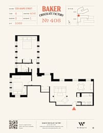 A floor plan for Baker Chocolate Factory shows a building with four floors and a basement.