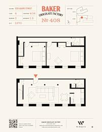 A floor plan for Baker Chocolate Factory No 408 shows a 4 bedroom apartment with 2 bathrooms.