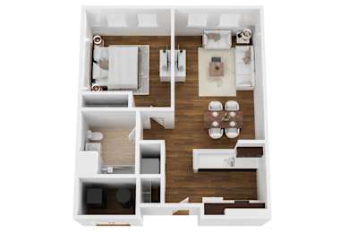A top down view of a white and wood apartment.
