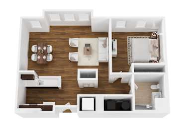A top-down view of a house interior with a kitchen, living room, and bedrooms.