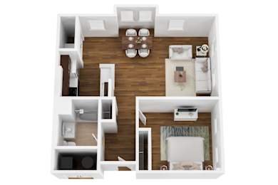 A top down view of a small apartment with a kitchen, living room, and two bedrooms.