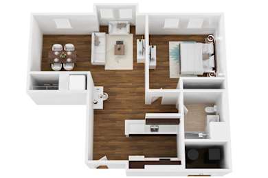 A top down view of a small apartment with a kitchen, living room, and bathroom.