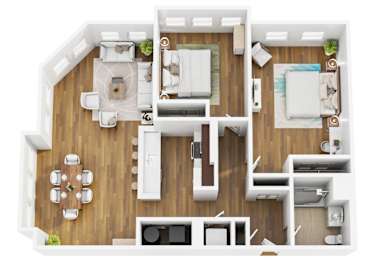 A top-down view of a modern apartment layout with a central living area, kitchen, and bedrooms.