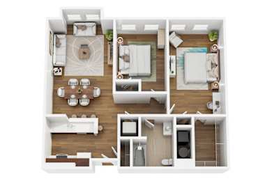 A top-down view of a modern apartment layout with a kitchen, living room, dining area, and bedrooms.
