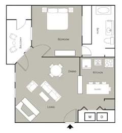 A floor plan of a house with a balcony, living room, dining room, kitchen, and bathroom.