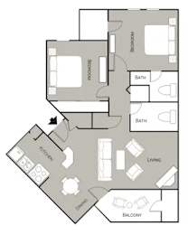 A floor plan of a house with a living room, dining room, kitchen, and two bathrooms.