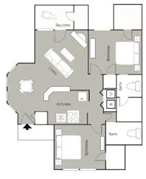 A floor plan of an apartment with a kitchen, living room, and bathroom.