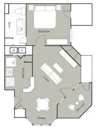 A floor plan of a house with a bedroom, a kitchen, a dining area, and a balcony.