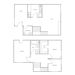 A floor plan of a house with a living room, dining room, kitchen, and two bedrooms.