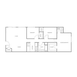 A floor plan of a house with a kitchen, living room, and two bedrooms.