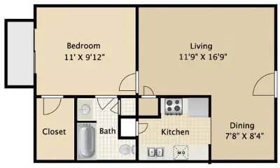 A floor plan of a small apartment with a bedroom, living room, kitchen, and dining area.