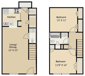 A floor plan shows a kitchen, two bedrooms, and a living/dining area.