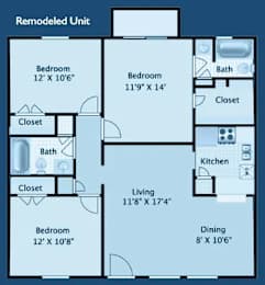 A blueprint of a remodeled unit with labeled rooms and dimensions.