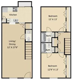 A floor plan of a two-bedroom apartment with a living/dining area and kitchen.