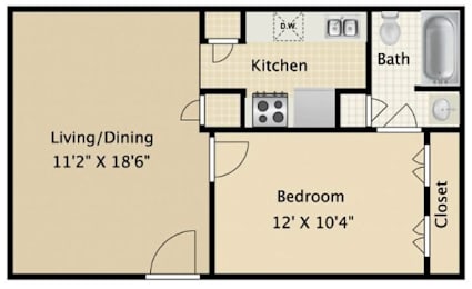 A floor plan of a small apartment with a living/dining area, kitchen, bathroom, and bedroom.