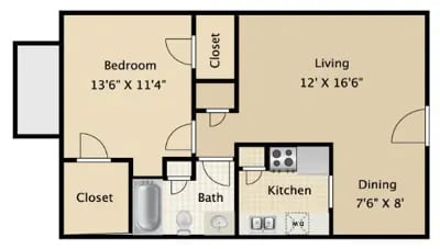 A floor plan of a small apartment with a bedroom, living room, kitchen, and dining area.