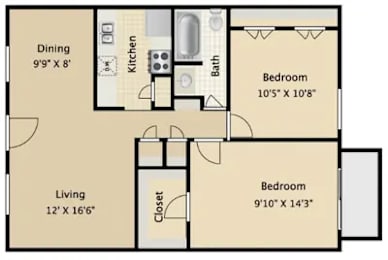 A floor plan of a small apartment with a living area, kitchen, and two bedrooms.
