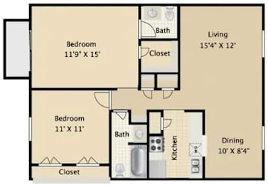 A floor plan of a small apartment with two bedrooms, a living room, a kitchen, and a dining area.