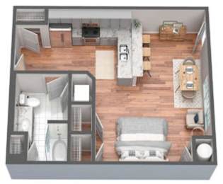 A top-down view of a living room, kitchen, and bedroom in a house.
