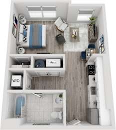 A top-down view of a small apartment with a bed, a couch, a kitchen, and a bathroom.