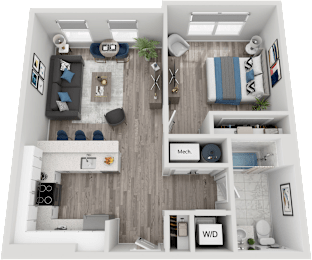 A 3D floor plan of a small apartment with a living room, kitchen, and bathroom.